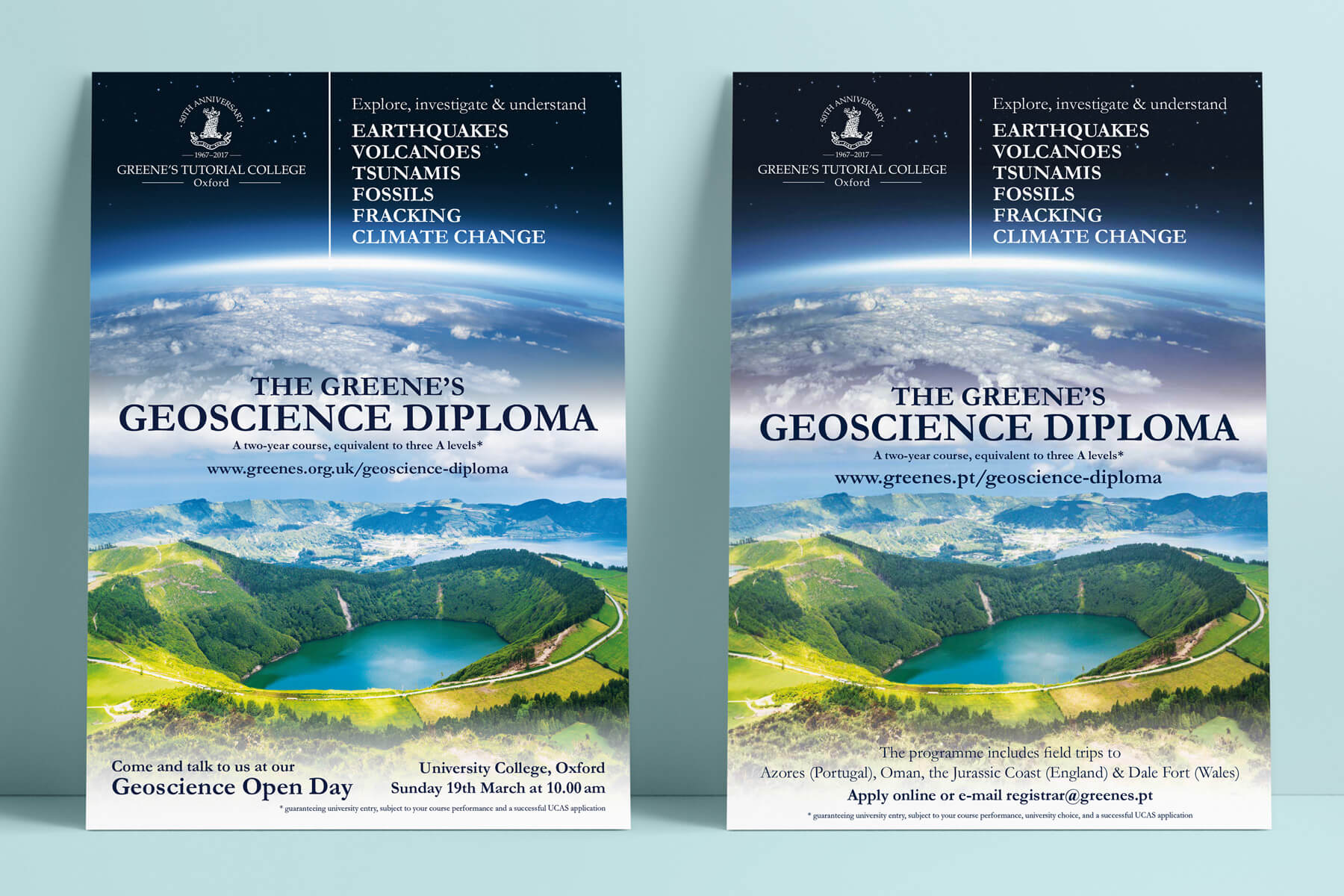 Posters promoting Greene's Tutorial College Geoscience Diploma