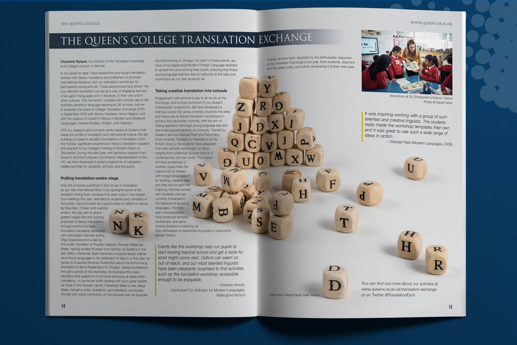 Inside spread of The Queen's College newsletter design