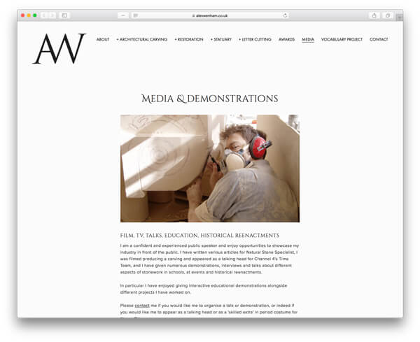 Alex Wenham website media and demonstrations page
