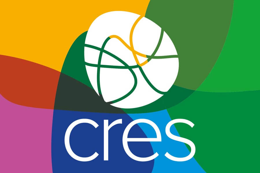 CRES logo in white on multicoloured blob banner